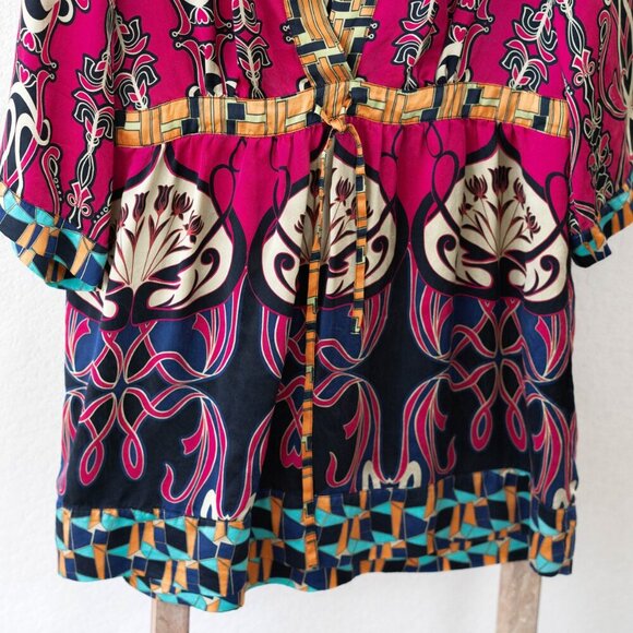 CAbi Chelsea Tunic SzL Colorful 100% Silk Babydoll Empire Waist Tie 3/4 Sleeve - Picture 4 of 9
